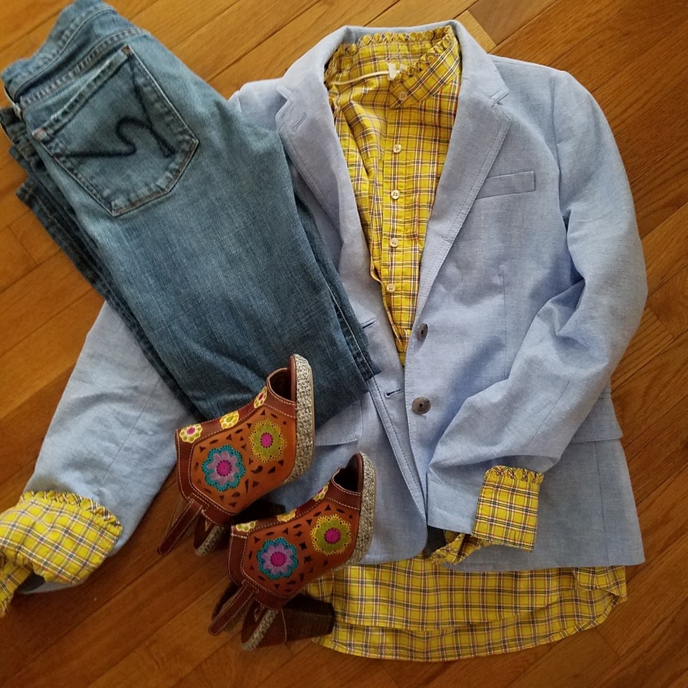J Crew Yellow plaid Half Button down blouse - NWOT